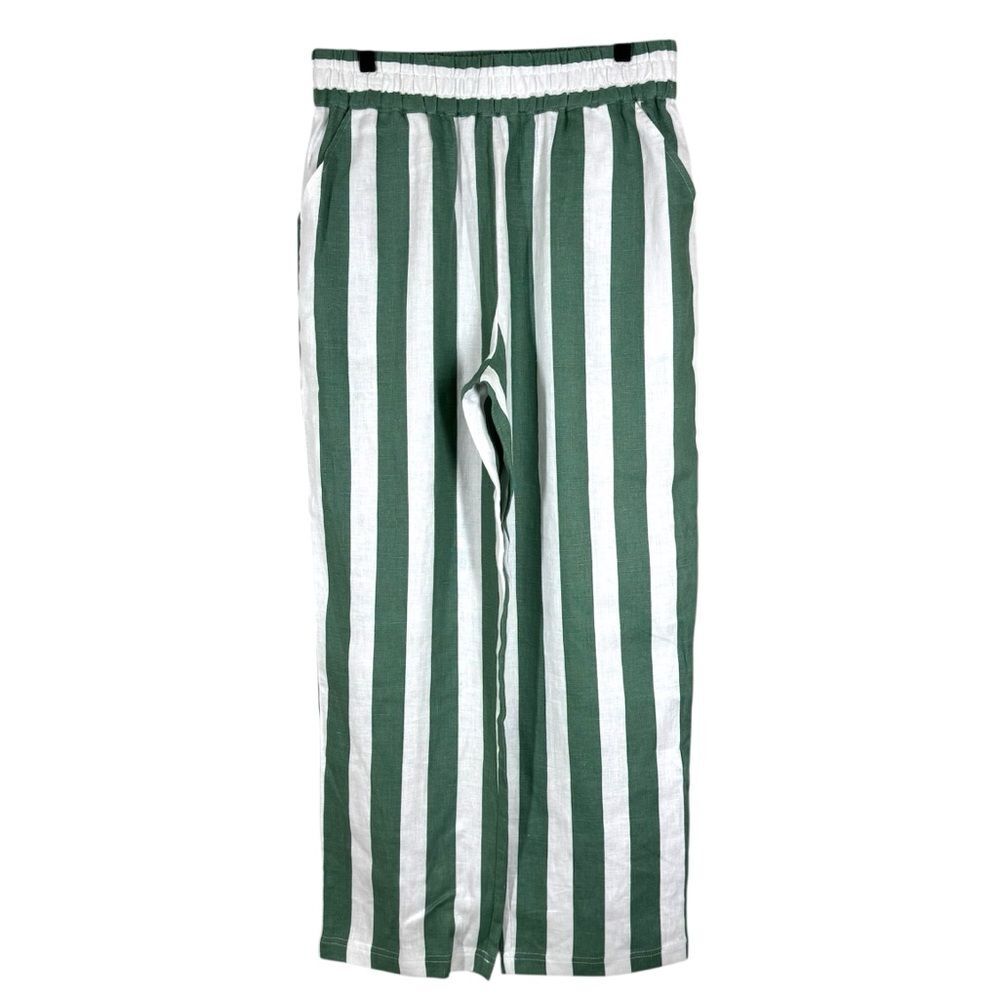 Electric & Rose Green White Stripe Linen Pants Wide Leg Pull On Vacation Large